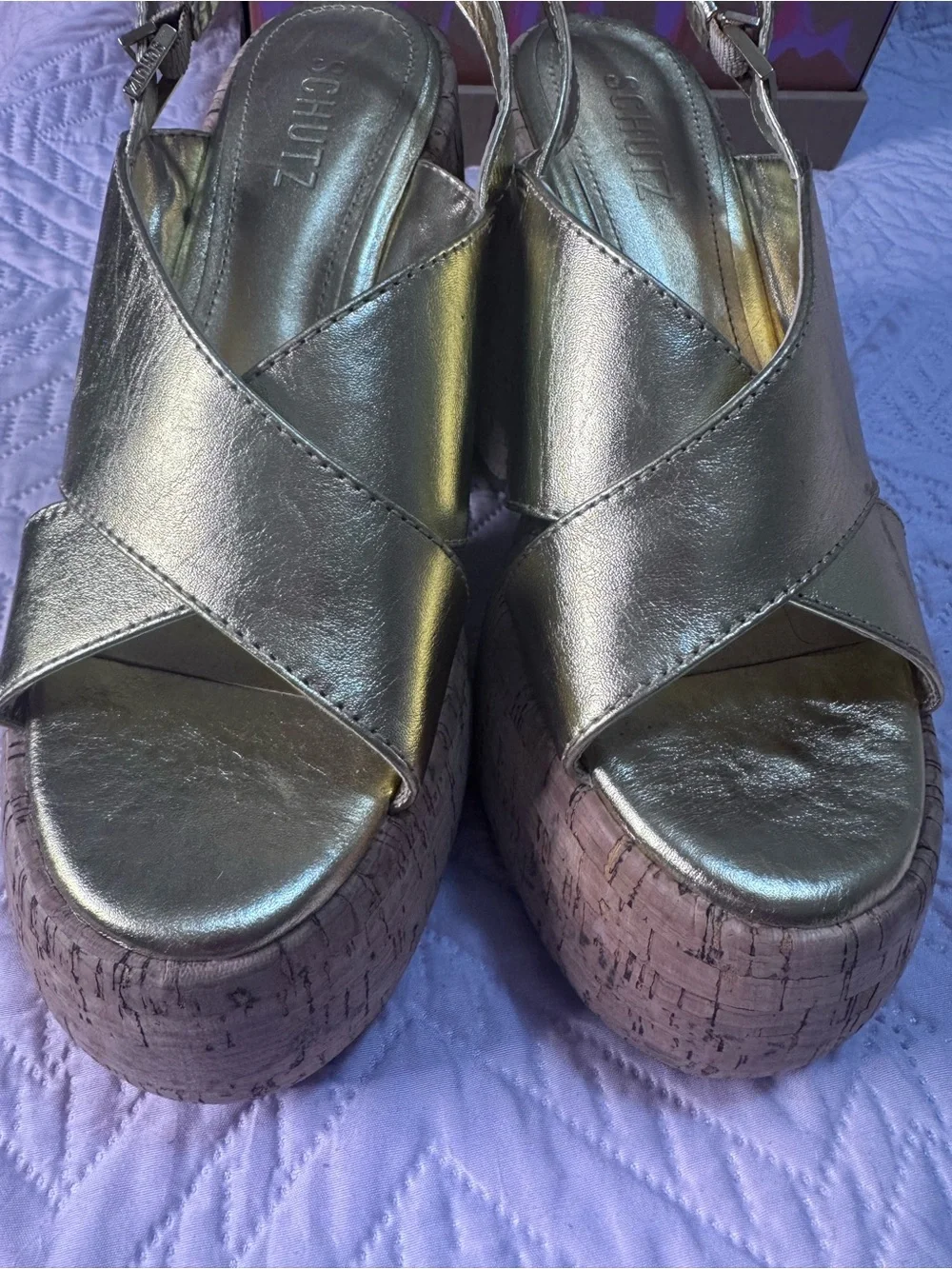 SCHUTZ Metallic Silver Cork-Platform Slingback Sandals